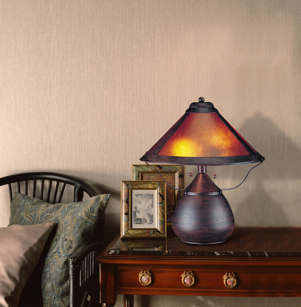 Rust Metal Two Light Round Table Lamp With Amber Empire Shade By Homeroots | Table Lamps | Modishstore - 2