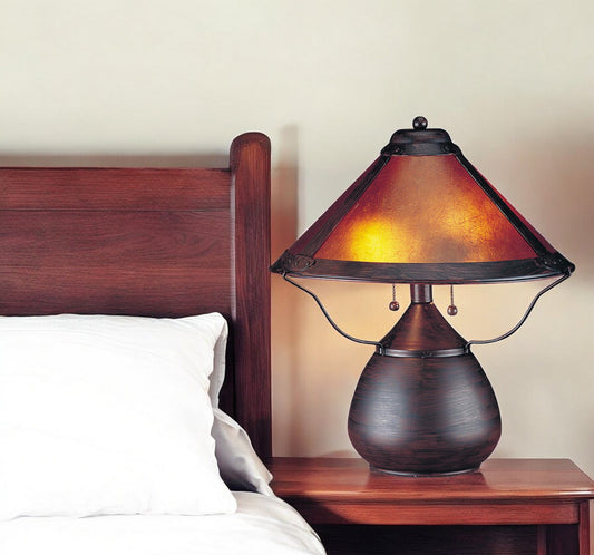 Rust Metal Two Light Round Table Lamp With Amber Empire Shade By Homeroots | Table Lamps | Modishstore - 1