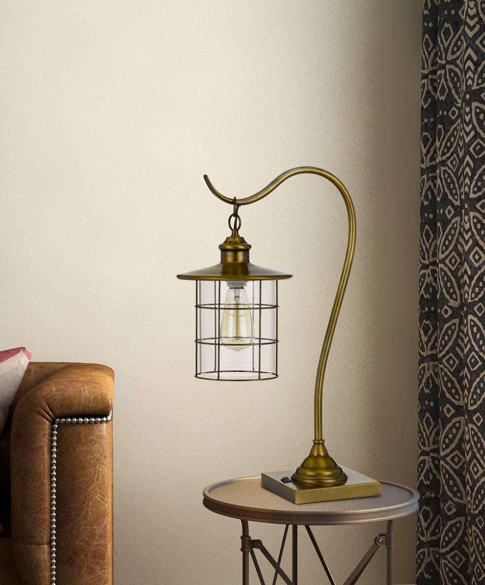 Antiqued Brass Metal Lantern Desk Lamp With Antiqued Brass Drum Shade By Homeroots | Table Lamps | Modishstore - 2