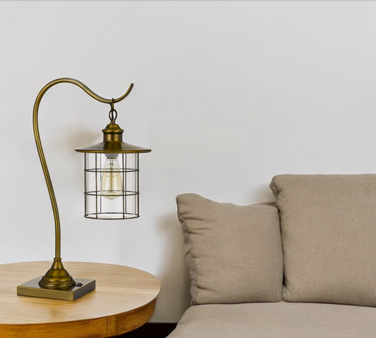 Antiqued Brass Metal Lantern Desk Lamp With Antiqued Brass Drum Shade By Homeroots | Table Lamps | Modishstore - 1