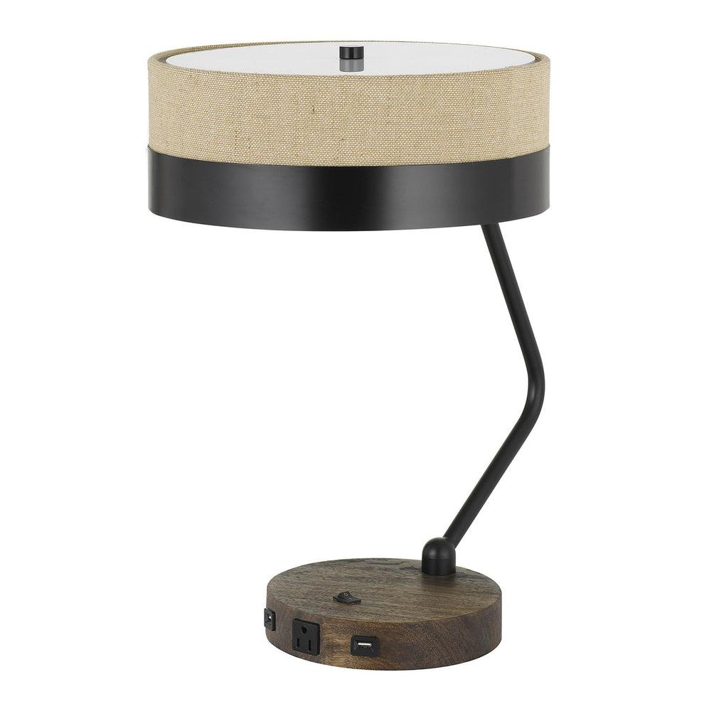 Black And Brown Wood And Metal Two Light USB Table Lamp With Beige And Black Shade By Homeroots | Table Lamps | Modishstore - 4