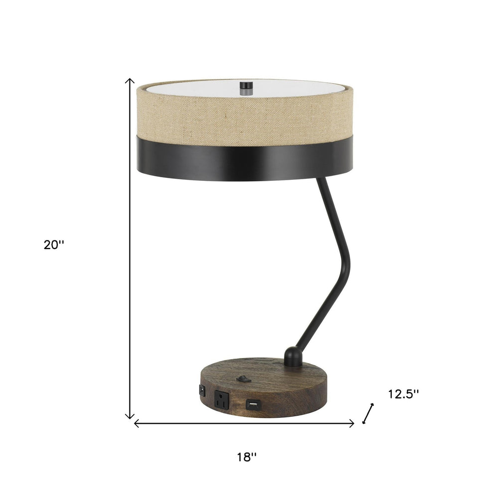 Black And Brown Wood And Metal Two Light USB Table Lamp With Beige And Black Shade By Homeroots | Table Lamps | Modishstore - 3