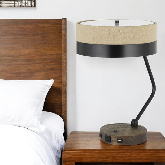 Black And Brown Wood And Metal Two Light USB Table Lamp With Beige And Black Shade By Homeroots | Table Lamps | Modishstore - 1