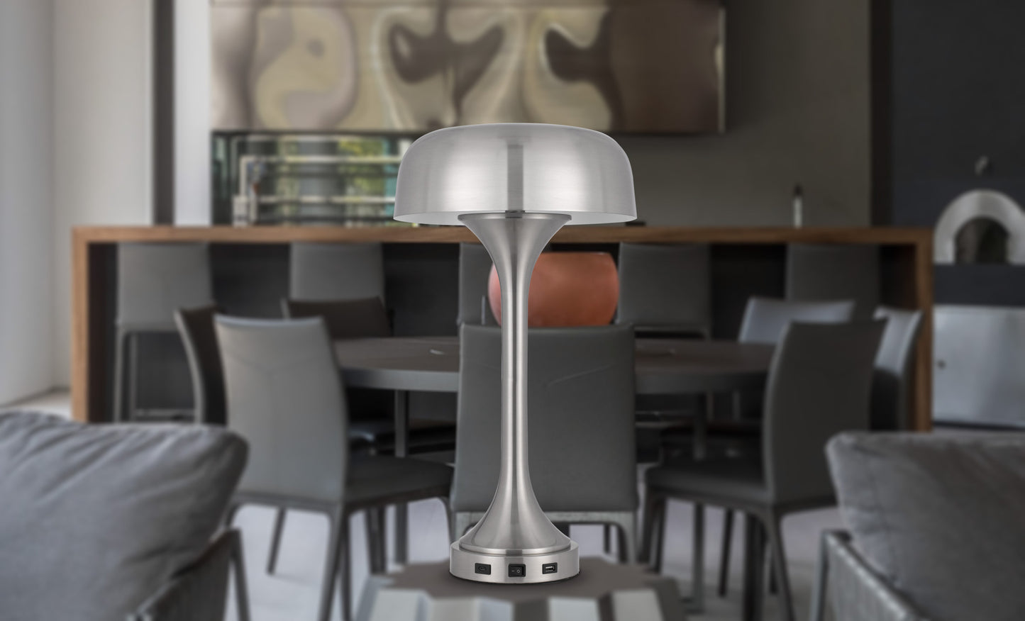 Nickel Metal Two Light Usb Table Lamp With Nickel Dome Shade By Homeroots | Table Lamps | Modishstore - 2