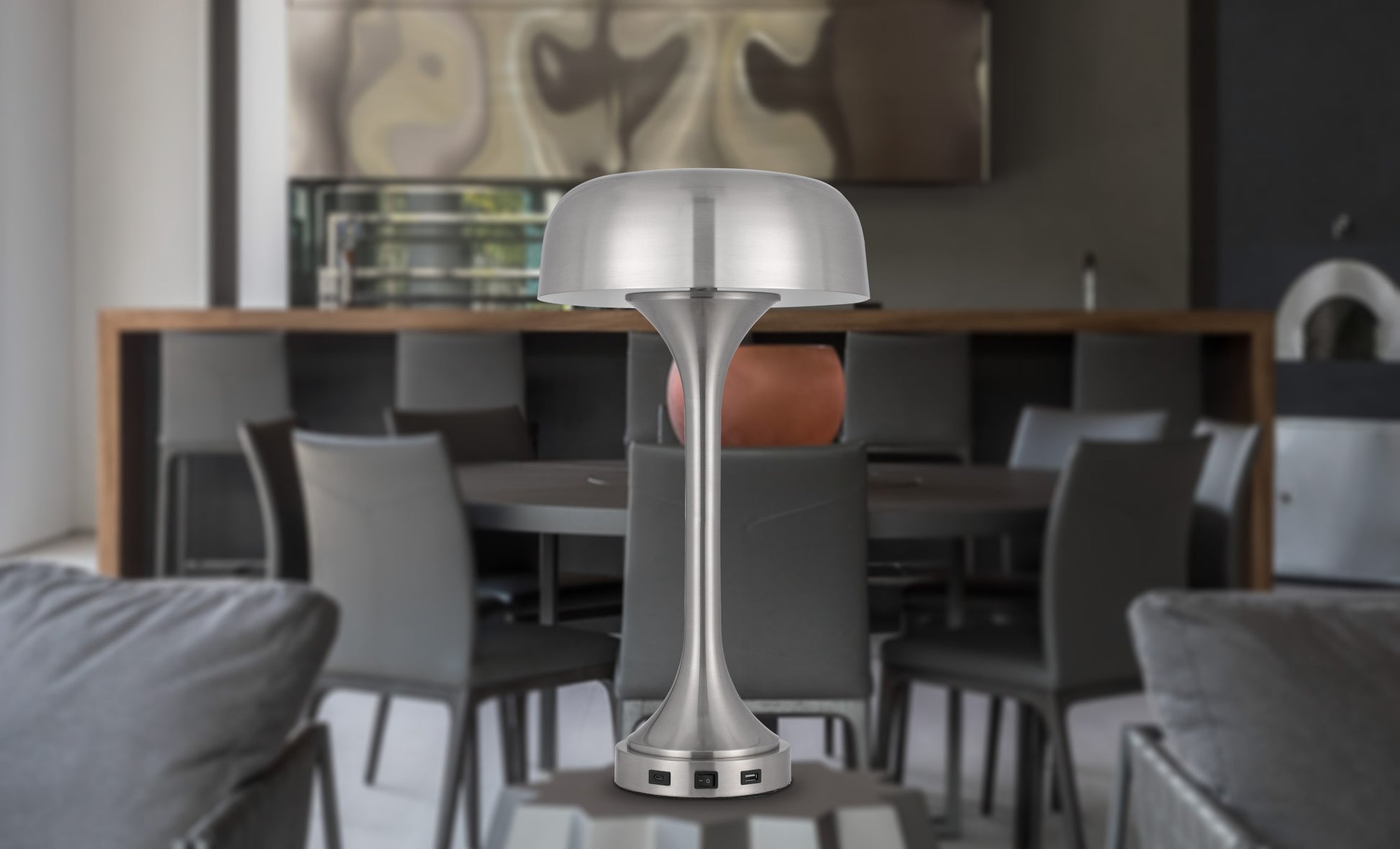 Nickel Metal Two Light Usb Table Lamp With Nickel Dome Shade By Homeroots | Table Lamps | Modishstore - 2