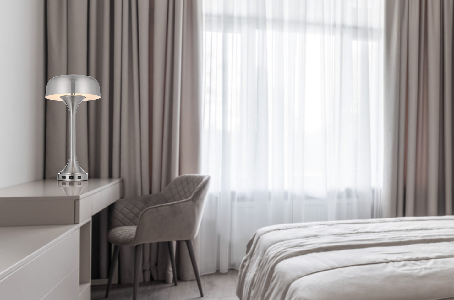 Nickel Metal Two Light Usb Table Lamp With Nickel Dome Shade By Homeroots | Table Lamps | Modishstore - 3