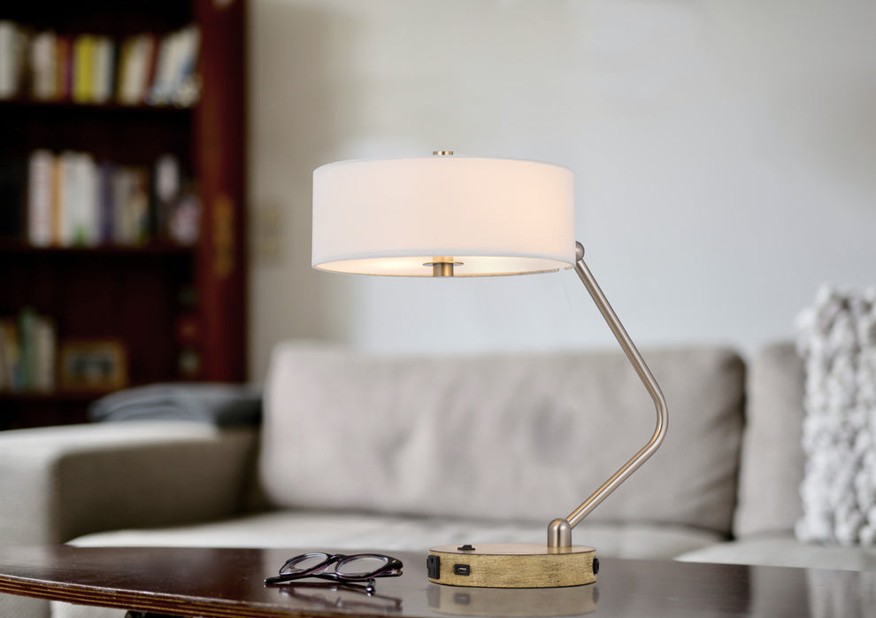 Brown Metal Two Light Lantern Desk USB Table Lamp With White Drum Shade By Homeroots | Table Lamps | Modishstore - 3