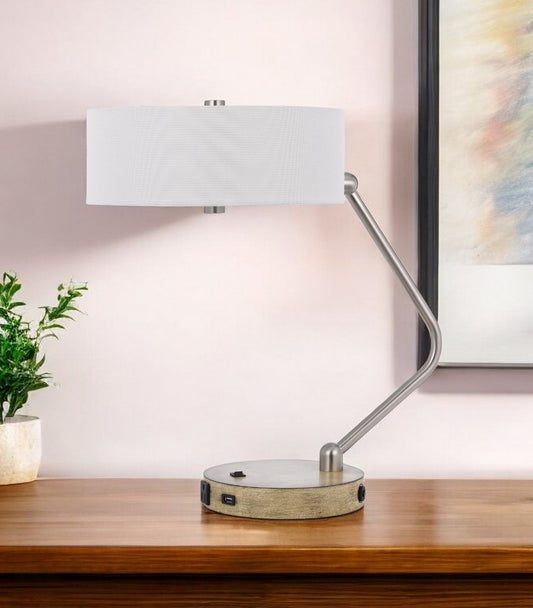 Brown Metal Two Light Lantern Desk USB Table Lamp With White Drum Shade By Homeroots | Table Lamps | Modishstore - 1