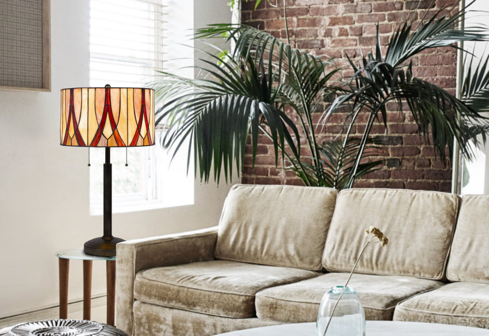 Bronze Metal Two Light Table Lamp With Red And Ivory Drum Shade By Homeroots | Table Lamps | Modishstore - 2
