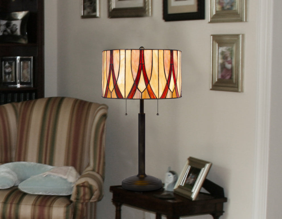 Bronze Metal Two Light Table Lamp With Red And Ivory Drum Shade By Homeroots | Table Lamps | Modishstore - 3