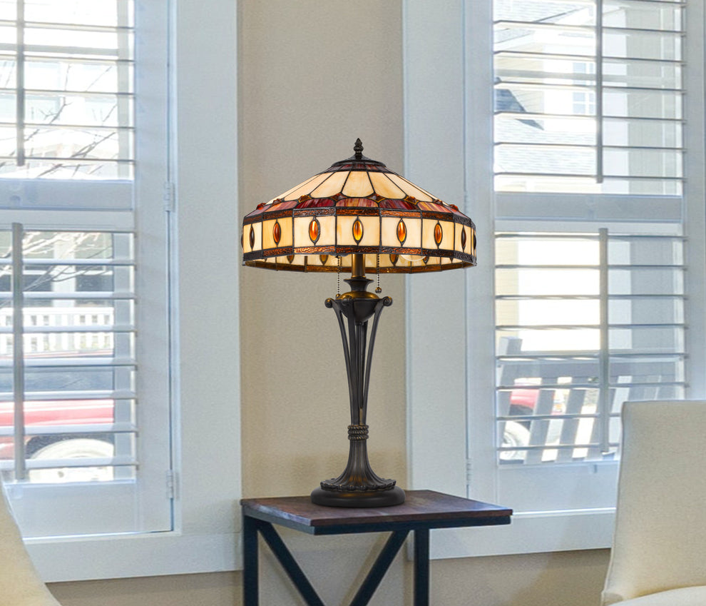 Black Metal Two Light Candlestick Table Lamp With Ivory and Red Dome Shade By Homeroots | Table Lamps | Modishstore - 2