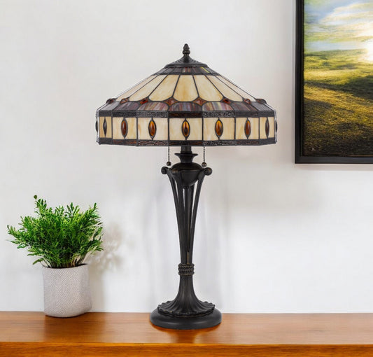 Black Metal Two Light Candlestick Table Lamp With Ivory and Red Dome Shade By Homeroots | Table Lamps | Modishstore - 1