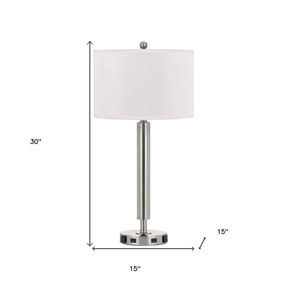Nickel Metal Cylinder USB Table Lamp With White Drum Shade By Homeroots | Table Lamps | Modishstore - 3