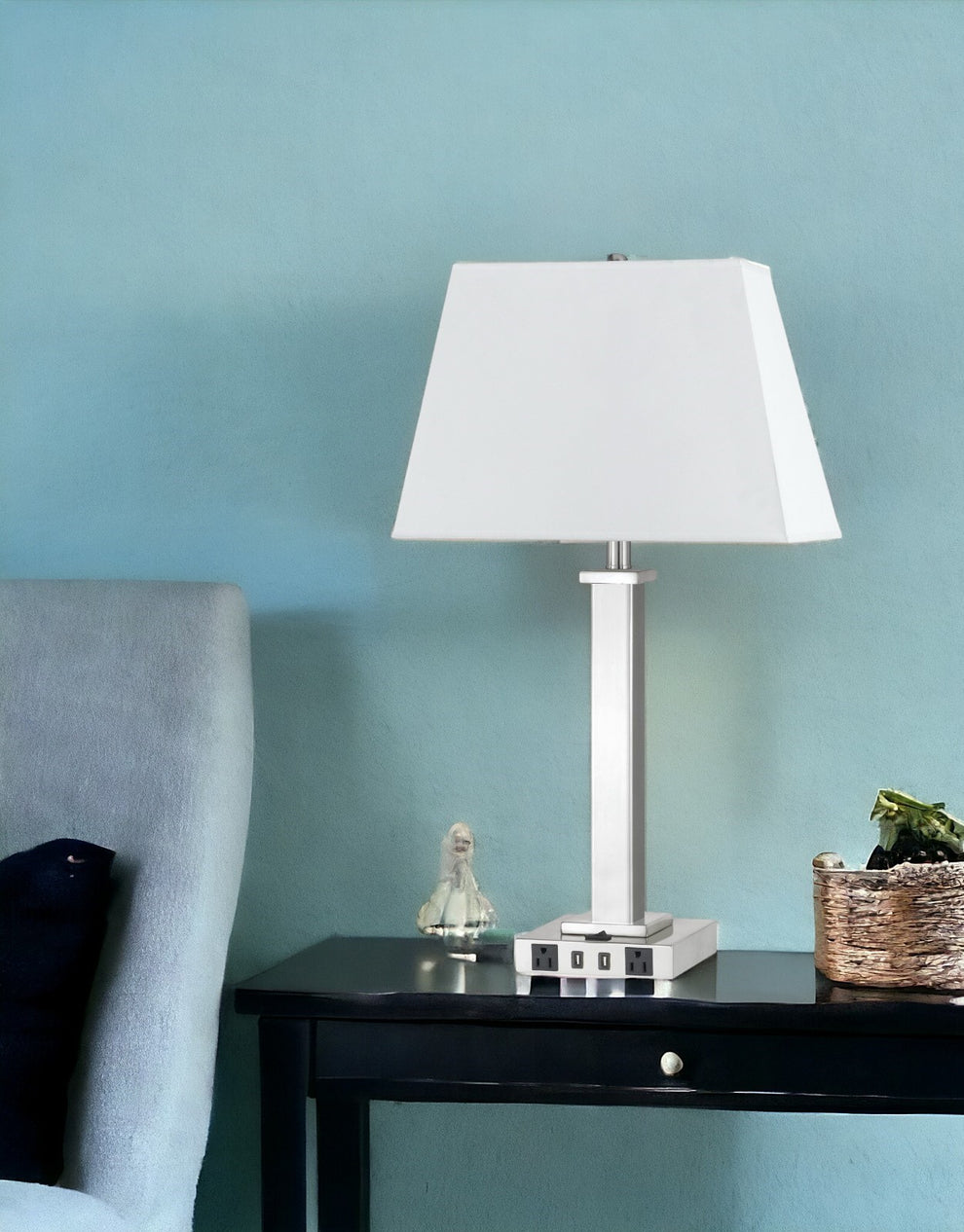 Nickel Metal USB Table Lamp With White Shade By Homeroots | Table Lamps | Modishstore - 4