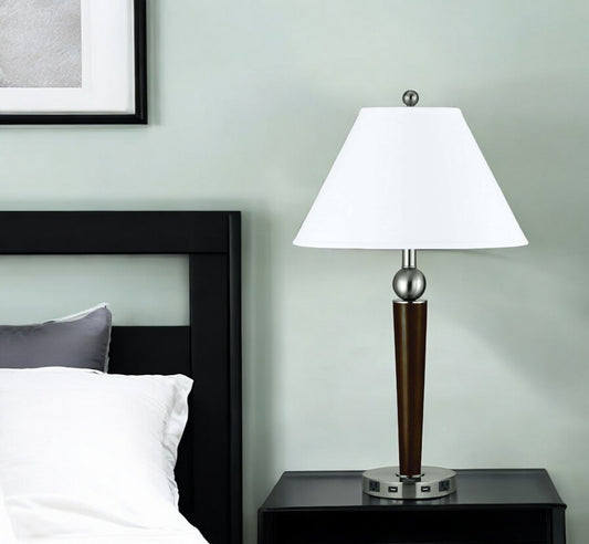 Nickel Metal Geometric USB Table Lamp With White Empire Shade By Homeroots | Table Lamps | Modishstore - 1