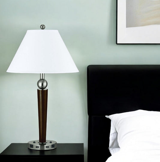 Nickel Metal Two Light Geometric USB Table Lamp With White Empire Shade By Homeroots | Table Lamps | Modishstore - 1