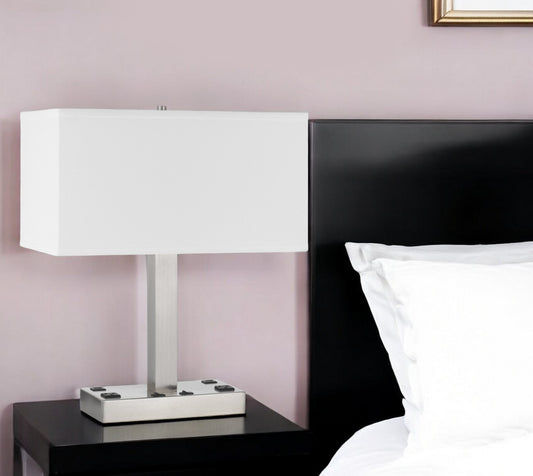 Nickel Metal Two Light Desk USB Table Lamp With White Shade By Homeroots | Table Lamps | Modishstore - 1