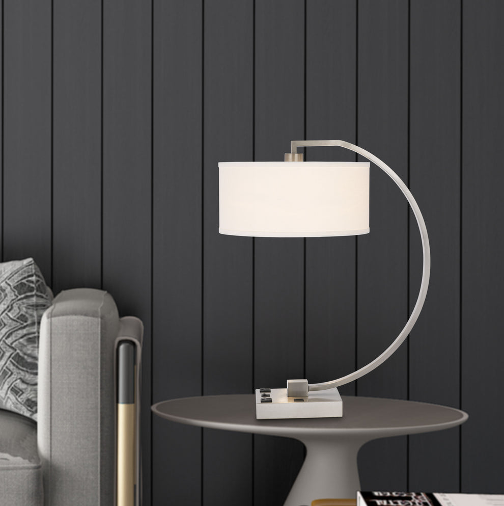 Nickel Metal Lantern Desk USB Table Lamp With White Shade By Homeroots | Table Lamps | Modishstore - 3