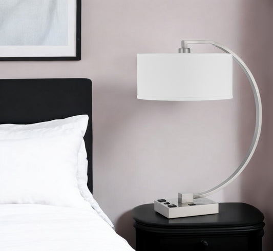 Nickel Metal Lantern Desk USB Table Lamp With White Shade By Homeroots | Table Lamps | Modishstore - 1