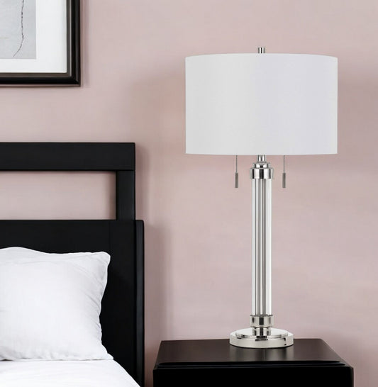 Silver Metallic Metal Two Light Cylinder Table Lamp With White Drum Shade By Homeroots | Table Lamps | Modishstore - 1