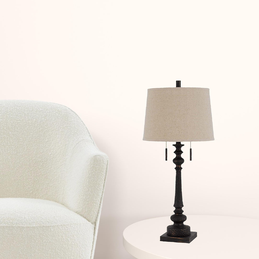 Charcoal Two Light Table Lamp With Tan Drum Shade By Homeroots | Table Lamps | Modishstore - 2