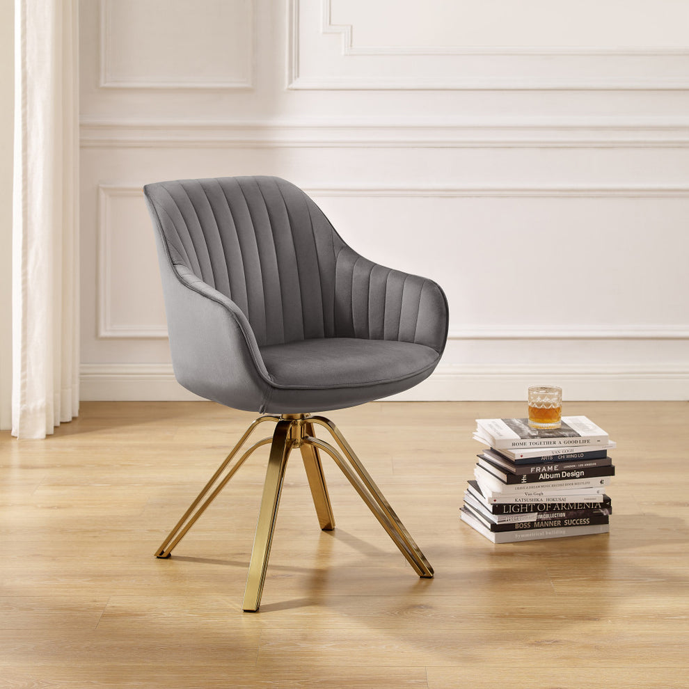 Gray Velvet And Gold Swivel Arm Chair By Homeroots | Accent Chairs | Modishstore - 6