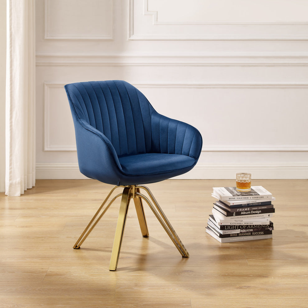 Blue And Gold Velvet Swivel Arm Chair By Homeroots | Accent Chairs | Modishstore - 6