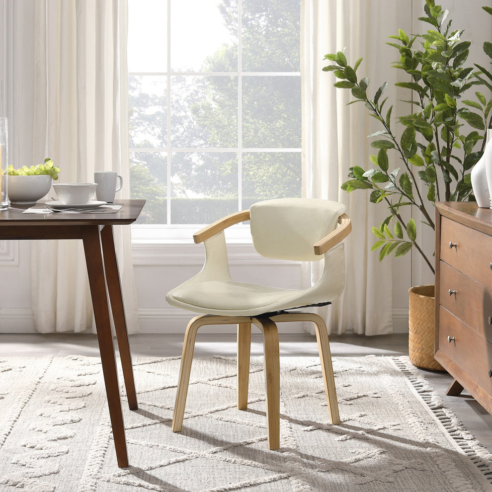 Off White And Natural Upholstered Faux Leather Dining Arm Chair By Homeroots | Dining Chairs | Modishstore - 3