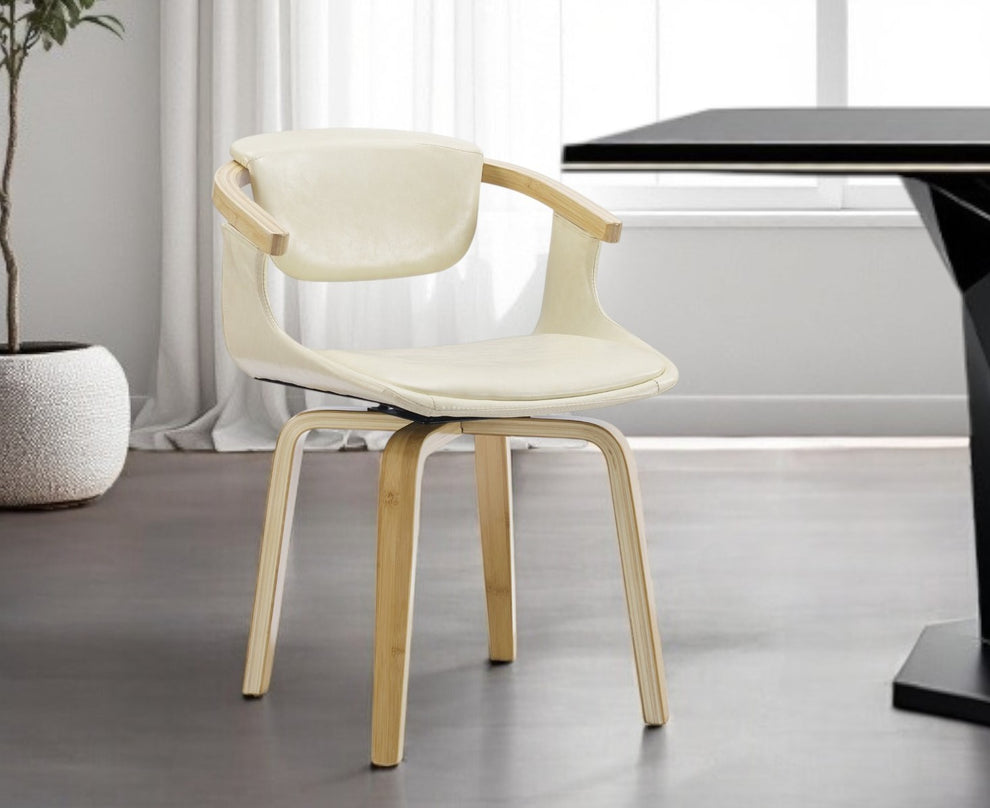Off White And Natural Upholstered Faux Leather Dining Arm Chair By Homeroots | Dining Chairs | Modishstore - 5