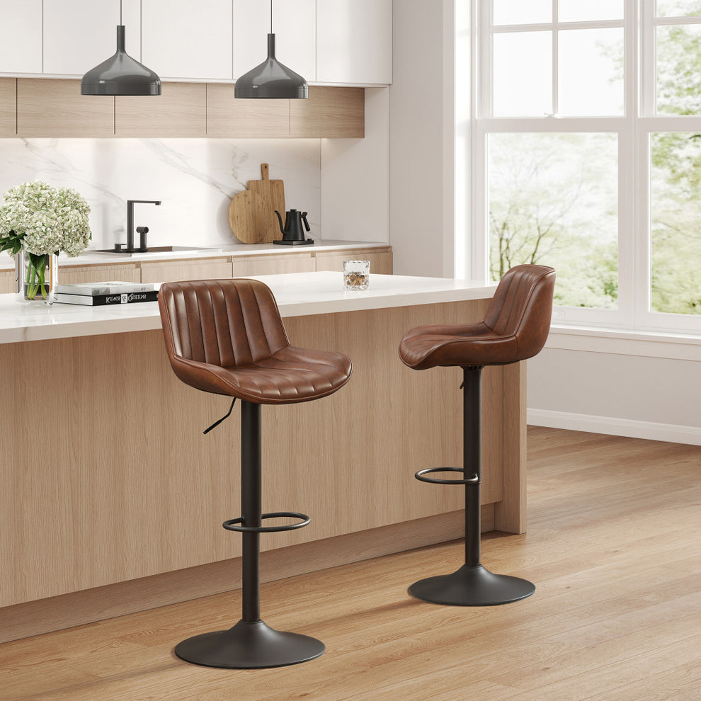 Set of Two Brown And Black Faux Leather And Steel Low Back Adjustable Height Swivel Bar Chairs By Homeroots | Bar Stools | Modishstore - 7