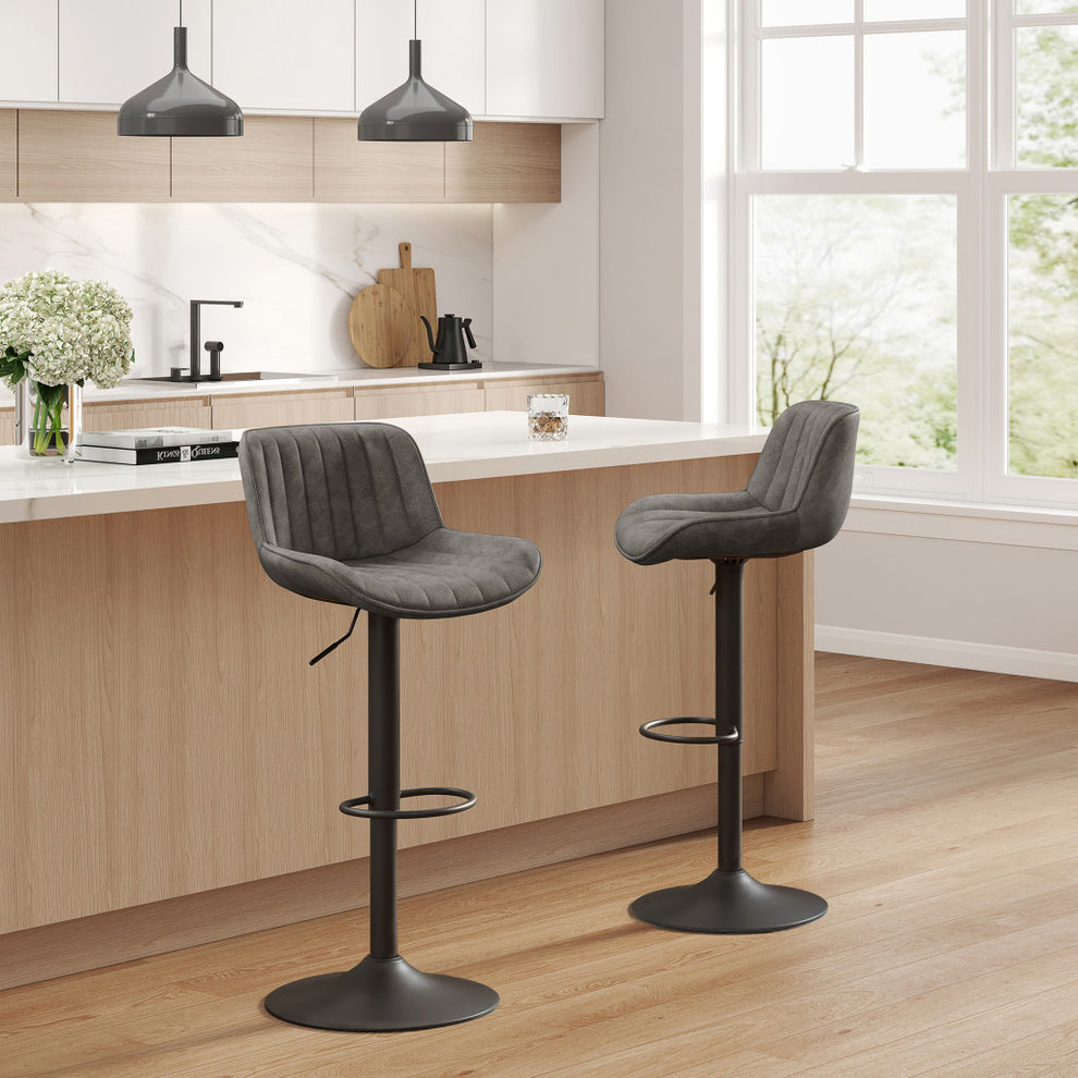 Set of Two Gray And Black Faux Leather And Steel Swivel Low Back Adjustable Height Bar Chairs By Homeroots | Bar Stools | Modishstore - 3