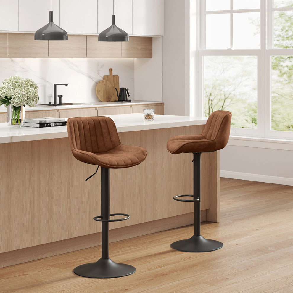 Set of Two Brown And Black Faux Leather And Steel Swivel Low Back Adjustable Height Bar Chairs By Homeroots | Bar Stools | Modishstore - 7