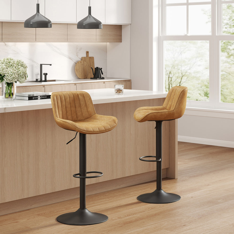 Set of Two Yellow And Black Faux Leather And Steel Swivel Low Back Adjustable Height Bar Chairs By Homeroots | Bar Stools | Modishstore - 5