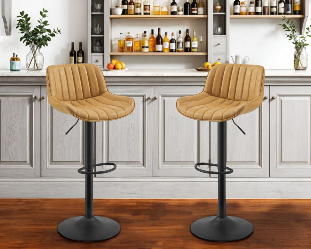 Set of Two Yellow And Black Faux Leather And Steel Swivel Low Back Adjustable Height Bar Chairs By Homeroots | Bar Stools | Modishstore - 7