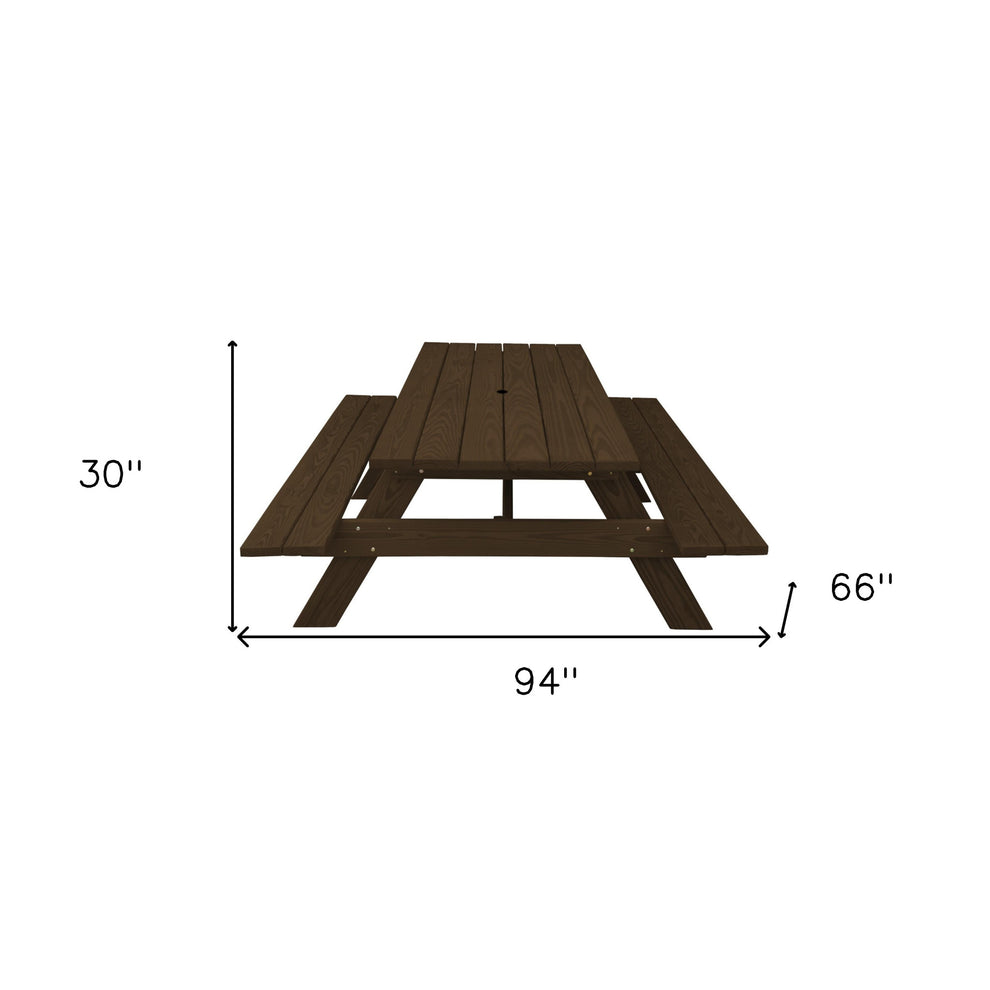 Dark Brown Solid Wood Outdoor Picnic Table with Umbrella Hole By Homeroots | Outdoor Tables | Modishstore - 3