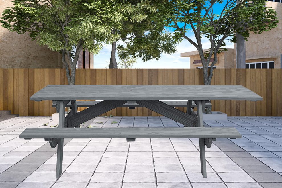 Gray Solid Wood Outdoor Picnic Table Umbrella Hole By Homeroots | Outdoor Dining Sets | Modishstore - 3