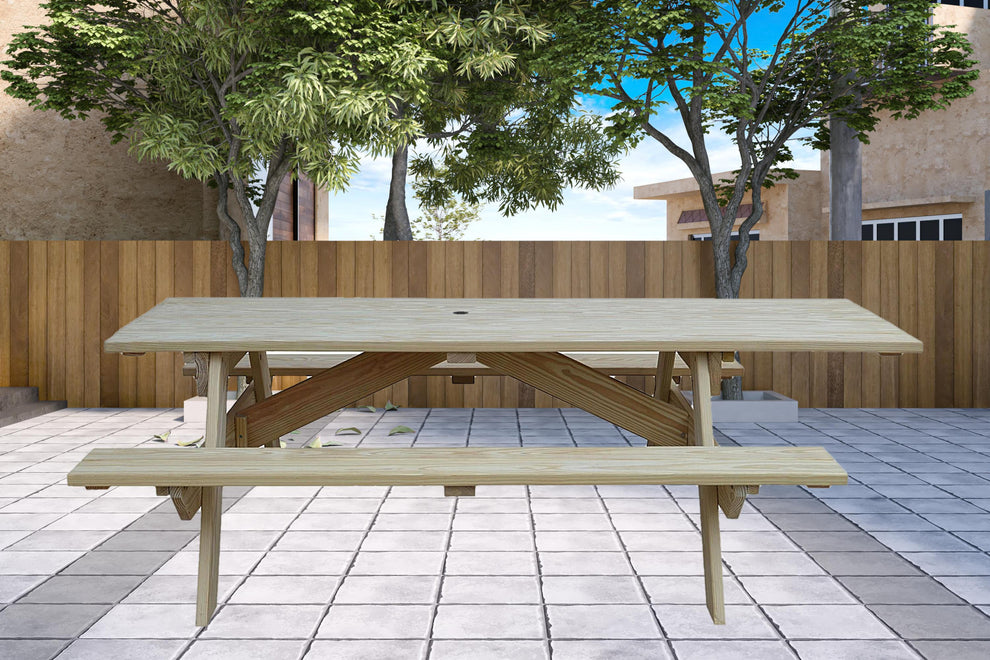 Beige Solid Wood Outdoor Picnic Table Umbrella Hole By Homeroots | Outdoor Dining Sets | Modishstore - 3
