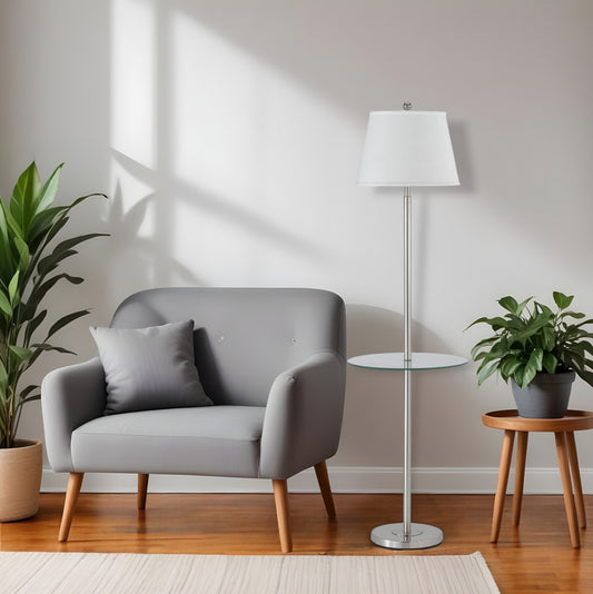 Nickel Metal Tray Table Floor Lamp With White Fabric Square Shade By Homeroots | Floor Lamps | Modishstore - 1