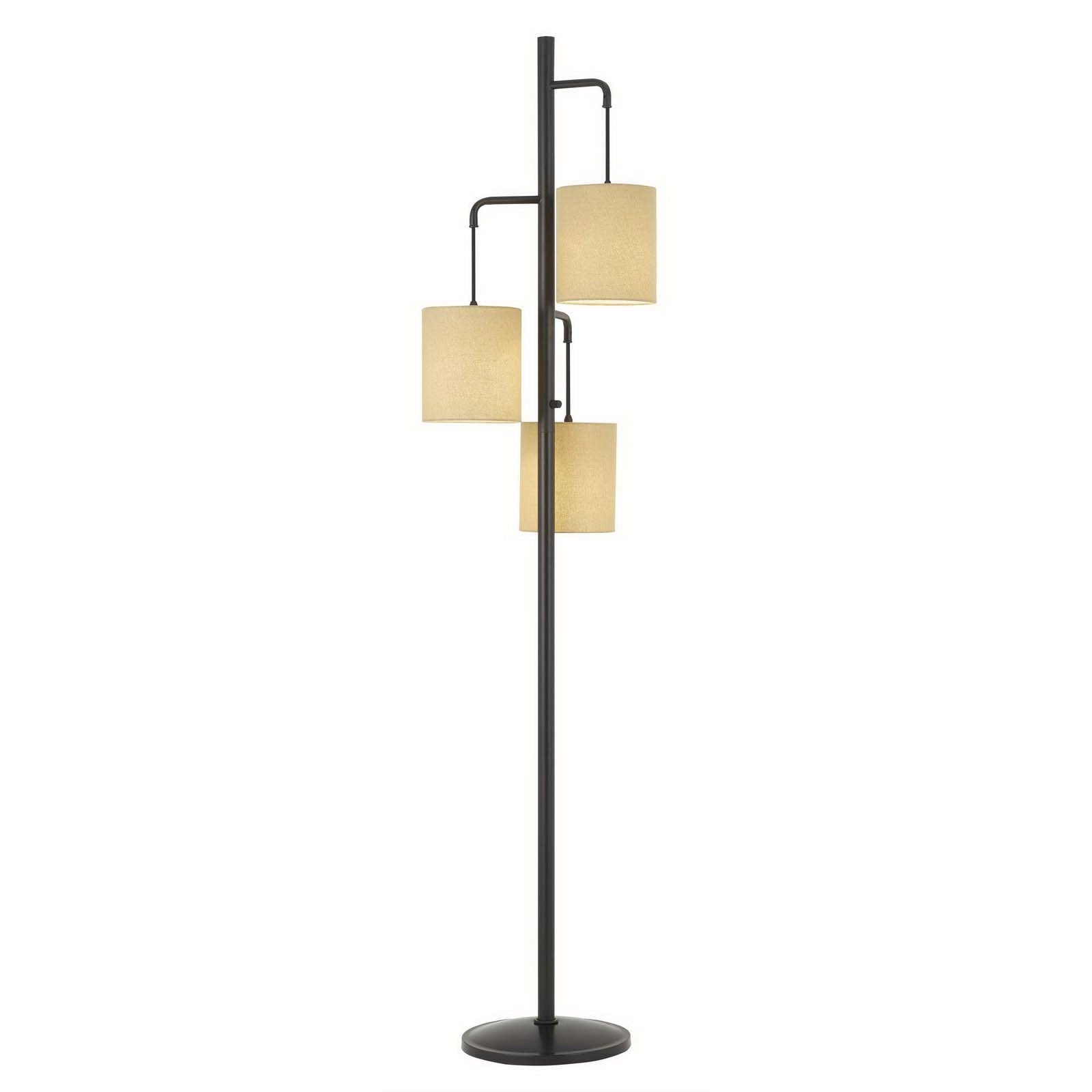 Bronze Three Light Traditional Shaped Floor Lamp With Beige Drum Shade