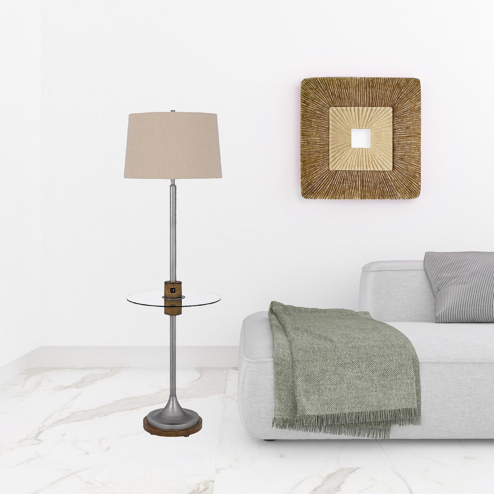 Pewter Tray Table Floor Lamp With Beige Transparent Glass Square Shade By Homeroots | Floor Lamps | Modishstore - 2