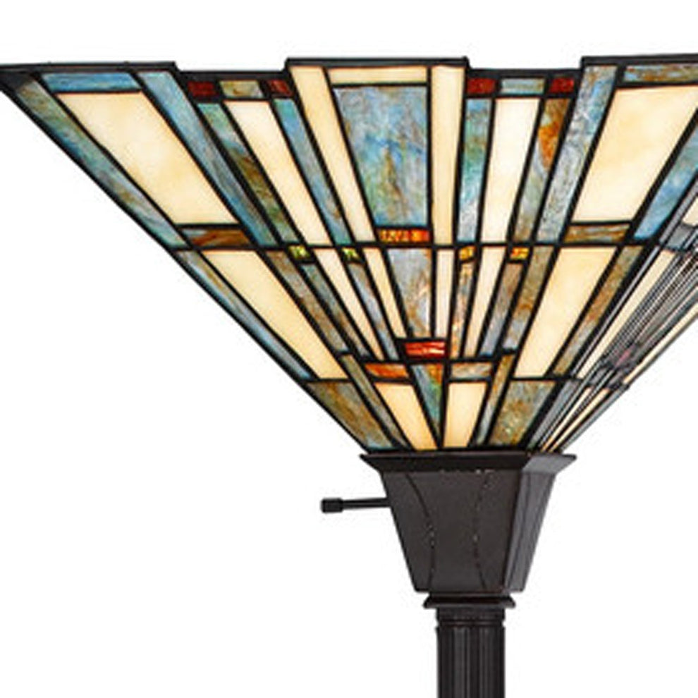 Bronze Torchiere Floor Lamp With Gray and Ivory Abstract Tiffany Glass Novelty Shade By Homeroots | Floor Lamps | Modishstore - 3