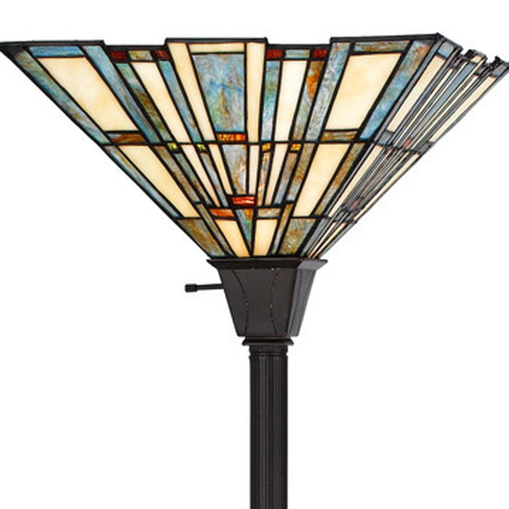 Bronze Torchiere Floor Lamp With Gray and Ivory Abstract Tiffany Glass Novelty Shade By Homeroots | Floor Lamps | Modishstore - 4