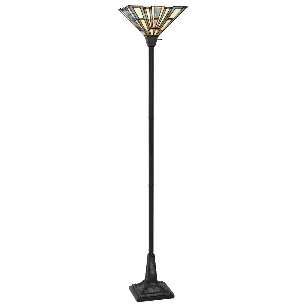 Bronze Torchiere Floor Lamp With Gray and Ivory Abstract Tiffany Glass Novelty Shade By Homeroots | Floor Lamps | Modishstore - 6