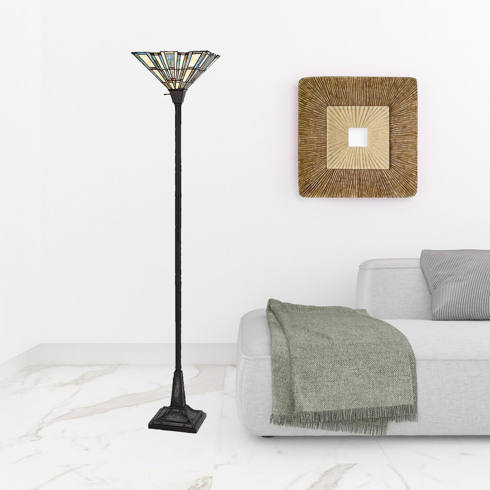 Bronze Torchiere Floor Lamp With Gray and Ivory Abstract Tiffany Glass Novelty Shade By Homeroots | Floor Lamps | Modishstore - 2