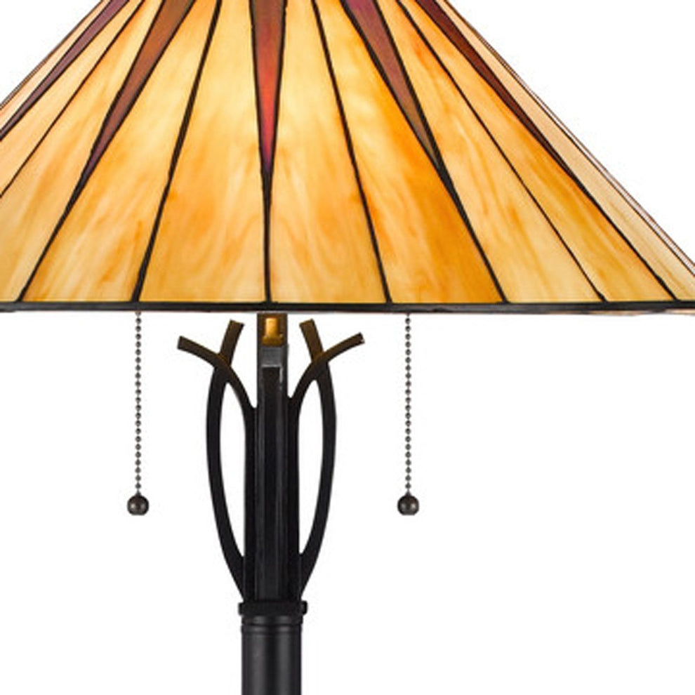 Bronze Two Light Traditional Shaped Floor Lamp With Red and Ivory Abstract Tiffany Glass Empire Shade By Homeroots | Floor Lamps | Modishstore - 3