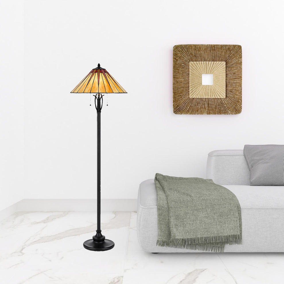 Bronze Two Light Traditional Shaped Floor Lamp With Red and Ivory Abstract Tiffany Glass Empire Shade By Homeroots | Floor Lamps | Modishstore - 2