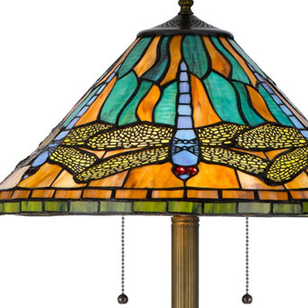 Brass Two Light Traditional Shaped Floor Lamp With Blue and Orange Dragonfly Tiffany Glass Empire Shade By Homeroots | Floor Lamps | Modishstore - 3