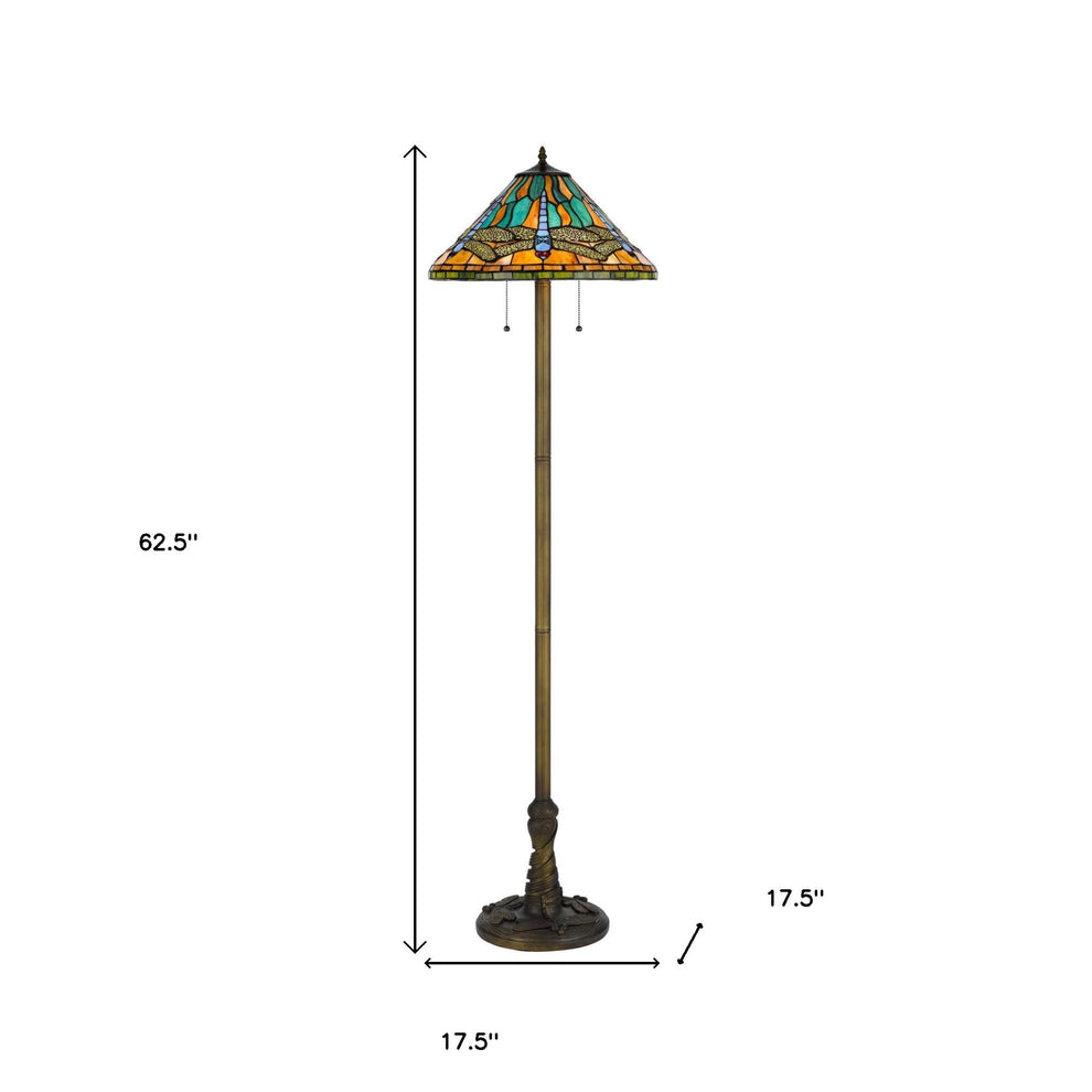 Brass Two Light Traditional Shaped Floor Lamp With Blue and Orange Dragonfly Tiffany Glass Empire Shade By Homeroots | Floor Lamps | Modishstore - 4