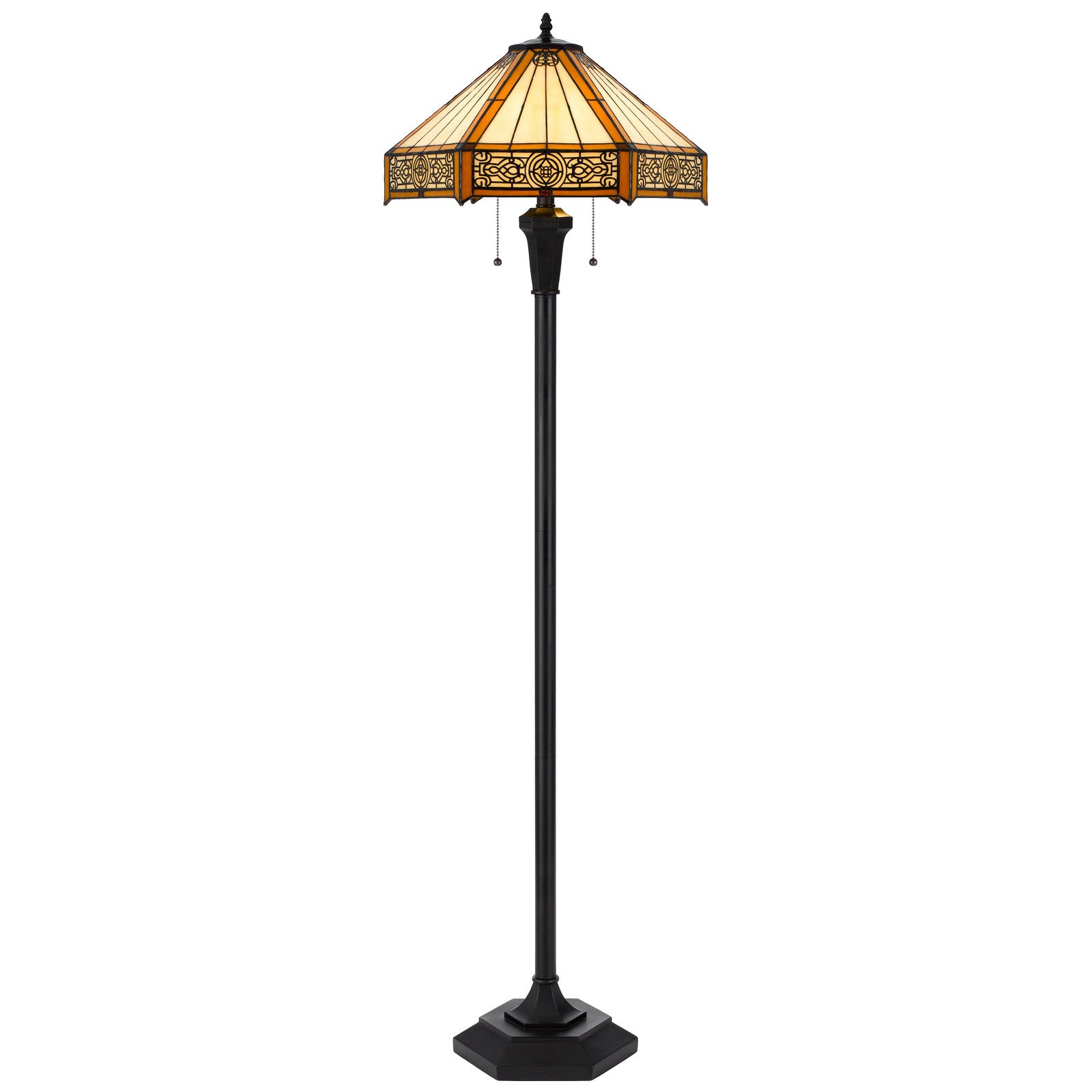 Bronze Two Light Traditional Shaped Floor Lamp With Orange and Ivory Abstract Tiffany Glass Empire Shade By Homeroots | Floor Lamps | Modishstore - 1