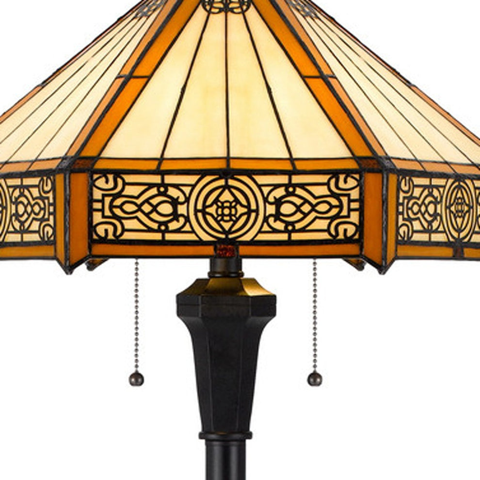 Bronze Two Light Traditional Shaped Floor Lamp With Orange and Ivory Abstract Tiffany Glass Empire Shade By Homeroots | Floor Lamps | Modishstore - 3